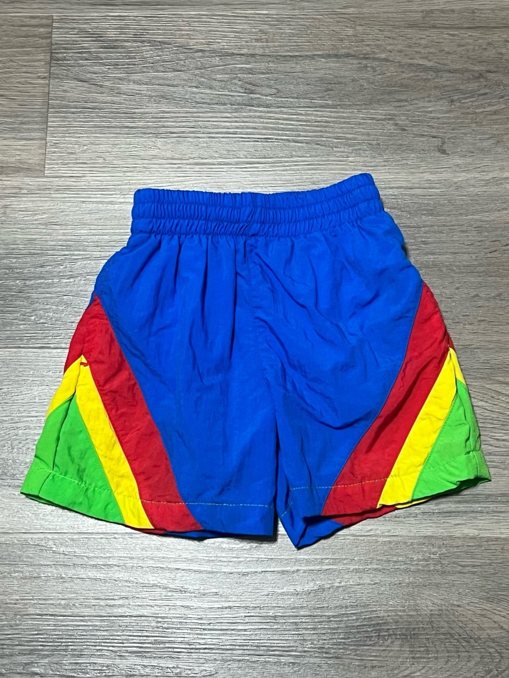 Nursery Rhyme Kids Toddler 2T Swim Shorts Trunks Blue Rainbow Lined Pockets VTG